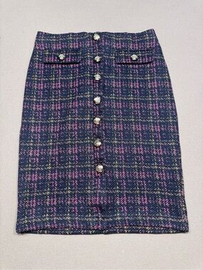 NYCC Gold-Button Tweed Pencil Skirt in Black and Pink
